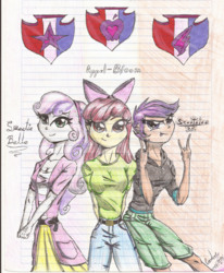 Size: 1024x1243 | Tagged: safe, artist:x-force02ranger, apple bloom, scootaloo, sweetie belle, equestria girls, g4, breasts, cleavage, cutie mark, cutie mark crusaders, female, group, lined paper, the cmc's cutie marks, traditional art