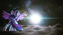 Size: 1024x576 | Tagged: safe, artist:tsuriadragon, twilight sparkle, alicorn, pony, g4, 3d, asteroid, butt, epic, female, moon, plot, poster, solo, source filmmaker, space, spacesuit, supernova, twilight sparkle (alicorn)