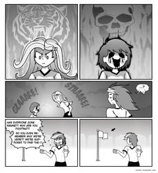 Size: 854x932 | Tagged: safe, artist:crydius, fluttershy, rainbow dash, big cat, tiger, comic:annual chs flag hunt, equestria girls, g4, chara, comic, crossover, monochrome, skull, stare down, the stare, undertale