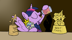 Size: 1600x889 | Tagged: safe, twilight sparkle, alicorn, pony, g4, 4chan cup, drinking, eyes closed, female, football, solo, tongue out, trophy, twilight sparkle (alicorn), your tears are delicious