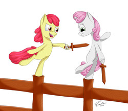 Size: 4581x3977 | Tagged: safe, artist:deltauraart, apple bloom, sweetie belle, earth pony, pony, g4, bipedal, fencing, open mouth, simple background, sword, weapon, white background, wooden sword