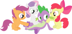 Size: 3587x1689 | Tagged: safe, artist:porygon2z, apple bloom, scootaloo, spike, sweetie belle, dragon, earth pony, pegasus, pony, unicorn, g4, belly, cute, cutie mark crusaders, female, inkscape, male, massage, ponyscape, simple background, spikelove, transparent background, vector