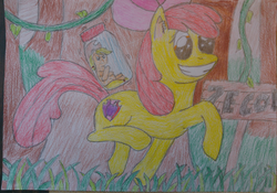 Size: 4276x2988 | Tagged: safe, artist:lordpuhadk, apple bloom, applejack, g4, absurd file size, appletini, cutie mark, pony in a bottle, smiling, the cmc's cutie marks, traditional art