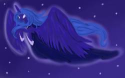 Size: 1280x800 | Tagged: safe, artist:thundersolar, princess luna, g4, female, flying, glowing eyes, large wings, solo, stars