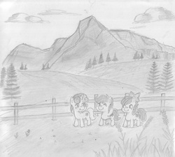 Size: 3684x3306 | Tagged: safe, artist:periodicbrony, apple bloom, scootaloo, sweetie belle, g4, cutie mark, cutie mark crusaders, high res, monochrome, raised hoof, scenery, the cmc's cutie marks, traditional art