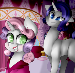Size: 2000x1943 | Tagged: safe, artist:oniiponii, rarity, sweetie belle, pony, unicorn, g4, clothes, colored pupils, duo, lipstick, makeup, sisters, smiling