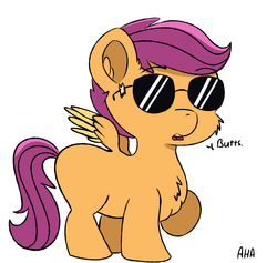 Size: 1900x1800 | Tagged: safe, artist:an-honest-appul, scootaloo, g4, butts, chest fluff, female, missing cutie mark, newbie artist training grounds, simple background, solo, sunglasses, white background