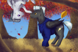Size: 2776x1857 | Tagged: safe, artist:spectrumsketchart, rumble, thunderlane, pegasus, pony, g4, autumn, brothers, clothes, colt, hoodie, leaves, male, stallion, tongue out, unshorn fetlocks, upside down