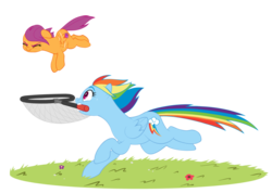 Size: 1024x729 | Tagged: safe, artist:petalierre, rainbow dash, scootaloo, g4, butterfly net, cutie mark, eyes closed, flying, mouth hold, net, running, scootaloo can fly, scootalove, the cmc's cutie marks