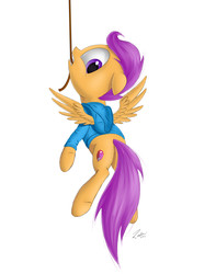 Size: 3086x3923 | Tagged: safe, artist:deltauraart, scootaloo, g4, clothes, cutie mark, female, hang in there, hanging, high res, hoodie, mouth hold, rope, simple background, solo, suspended, the cmc's cutie marks, white background