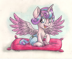 Size: 2048x1719 | Tagged: safe, artist:gaelledragons, princess flurry heart, pony, g4, baby, baby alicorn, baby flurry heart, baby pony, cloth diaper, cute, diaper, diapered, diapered filly, female, filly, flurrybetes, happy, happy baby, light pink diaper, looking at you, open mouth, pillow, safety pin, sitting, smiling, solo, traditional art