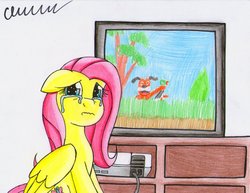 Size: 1024x792 | Tagged: safe, artist:the1king, fluttershy, g4, crying, duck hunt, duck hunt dog, female, floppy ears, nintendo, nintendo entertainment system, op, op is fluttershy, sad, solo, television, this ended in tears, this pony needs a hug