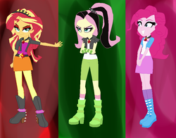 Size: 760x596 | Tagged: safe, artist:pizzasister, adagio dazzle, aria blaze, fluttershy, pinkie pie, sonata dusk, sunset shimmer, equestria girls, g4, alternate hairstyle, alternate universe, base used, clothes swap, the dazzlings