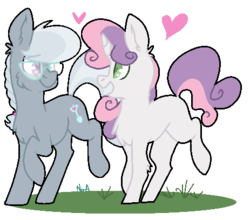 Size: 463x408 | Tagged: safe, artist:maximumbark, silver spoon, sweetie belle, pony, g4, female, filly, heart, lesbian, open mouth, raised hoof, ship:silverbelle, shipping