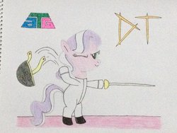 Size: 1024x768 | Tagged: safe, artist:don2602, diamond tiara, earth pony, pony, g4, female, fencing, filly, mask, newbie artist training grounds, one eye closed, solo, sword, weapon, wink