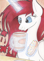 Size: 672x941 | Tagged: safe, artist:michael thompson, oc, oc only, oc:princess apricity, alicorn, pony, bronycan, canada, canadian, coffee, coffee break, donut, female, food, maple leaf, mare, solo, tim hortons, traditional art