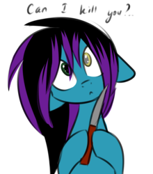 Size: 1024x1162 | Tagged: safe, artist:despotshy, oc, oc only, oc:despy, earth pony, pony, dialogue, heterochromia, knife, simple background, solo, text, transparent background