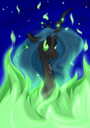 Size: 1190x1683 | Tagged: safe, artist:briarspark, queen chrysalis, changeling, changeling queen, g4, female, fire, green fire, solo