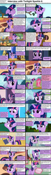 Size: 1282x4375 | Tagged: safe, pinkie pie, twilight sparkle, alicorn, pony, comic:celestia's servant interview, g4, adorkable, book, caption, comic, cs captions, cute, dork, fast food, flash cards, floppy ears, food, golden oaks library, hilarious in hindsight, implied flash sentry, interview, levitation, magic, shelf, telekinesis, twiabetes, twilight sparkle (alicorn), twilight's castle