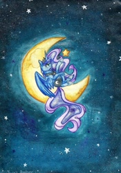 Size: 1213x1733 | Tagged: safe, artist:twixyamber, princess luna, alicorn, pony, g4, crescent moon, female, moon, solo, stars, tangible heavenly object, traditional art