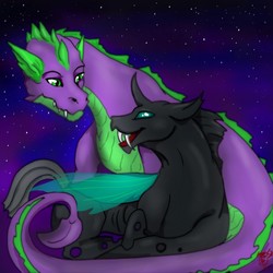 Size: 1280x1280 | Tagged: safe, artist:barka, spike, thorax, changeling, dragon, g4, my little pony: friendship is magic, the times they are a changeling, gay, lying down, male, older, older spike, ship:thoraxspike, shipping, smiling, spikelove