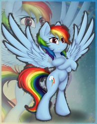 Size: 2479x3173 | Tagged: safe, artist:meze-diapason, rainbow dash, pony, g4, bipedal, crossed hooves, female, high res, solo, spread wings, zoom layer