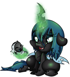 Size: 3007x3281 | Tagged: safe, artist:cutepencilcase, queen chrysalis, changeling, changeling larva, changeling queen, nymph, g4, the times they are a changeling, cute, cutealis, cuteling, duo, female, high res, open mouth, simple background, transparent background