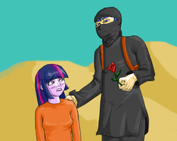 Size: 750x600 | Tagged: artist needed, source needed, safe, flash sentry, twilight sparkle, equestria girls, g4, blushing, brad, breasts, crossing the line twice, desert, flower, islamic state, looking at each other, parody, prisoner, rose, we are going to hell