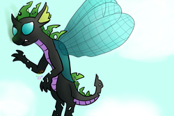 Size: 1500x1000 | Tagged: safe, artist:cancottondy, oc, oc only, oc:crystal claws, changeling, dragon, hybrid, dragon hybrid, magical gay spawn, offspring, parent:spike, parent:thorax, parents:thoraxspike, smoke, solo