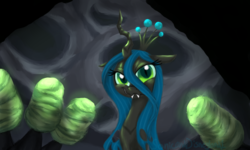 Size: 1024x614 | Tagged: safe, artist:sonicanddisneyland1, queen chrysalis, changeling, changeling queen, g4, the times they are a changeling, cave, crown, egg, female, grin, jewelry, regalia, smiling, solo