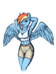 Size: 1600x2106 | Tagged: safe, artist:vistamage, rainbow dash, anthro, g4, armpits, breasts, female, piercing, simple background, sketch, solo, spread wings, tongue out, tongue piercing, white background