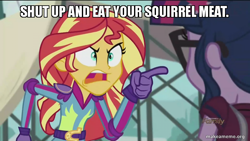 Size: 800x450 | Tagged: safe, edit, edited screencap, screencap, sci-twi, sunset shimmer, twilight sparkle, equestria girls, g4, my little pony equestria girls: friendship games, aqua teen hunger force, caption, image macro, makeameme.org, meme, sunset yells at twilight