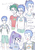 Size: 700x1000 | Tagged: safe, artist:misochikin, flash sentry, sci-twi, timber spruce, twilight sparkle, equestria girls, g4, my little pony equestria girls: legend of everfree, backpack, camp everfree logo, camp everfree outfits, female, food, humanized, japanese, legs, male, onigiri, shipping, straight, translation request