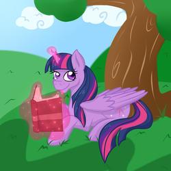 Size: 1024x1024 | Tagged: safe, artist:teacozy1, twilight sparkle, alicorn, pony, g4, book, female, looking at you, magic, solo, telekinesis, tree, twilight sparkle (alicorn)