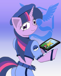 Size: 2310x2900 | Tagged: safe, artist:bakumaru01, twilight sparkle, pikachu, pony, semi-anthro, g4, bipedal, clothes, female, high res, ipad, pokémon, pokémon go, solo, team mystic