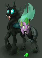 Size: 783x1093 | Tagged: safe, artist:shazuku, spike, thorax, changeling, g4, the times they are a changeling, dragons riding changelings, drool, gem, riding, smiling, spike riding thorax, tongue out