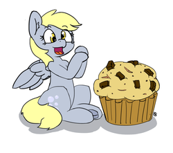 Size: 1280x1133 | Tagged: safe, artist:pabbley, derpy hooves, pegasus, pony, g4, cute, derpabetes, female, food, giant muffin, mare, muffin, open mouth, simple background, solo, that pony sure does love muffins, this will end in weight gain, underhoof, white background