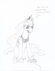 Size: 893x1155 | Tagged: safe, artist:friendshipishorses, princess luna, gamer luna, g4, controller, female, monochrome, solo