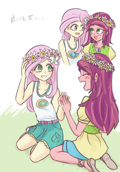 Size: 700x1000 | Tagged: safe, artist:misochikin, fluttershy, gloriosa daisy, equestria girls, g4, my little pony equestria girls: legend of everfree, blushing, daisyshy, female, floral head wreath, lesbian, magical geodes, shipping