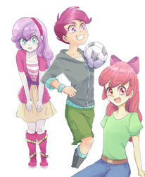 Size: 700x850 | Tagged: safe, artist:misochikin, apple bloom, scootaloo, sweetie belle, equestria girls, g4, ball, cutie mark crusaders, football, pixiv