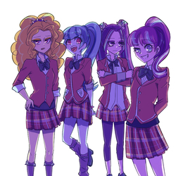 Size: 700x700 | Tagged: safe, artist:misochikin, adagio dazzle, aria blaze, sonata dusk, starlight glimmer, equestria girls, g4, my little pony equestria girls: friendship games, clothes, crystal prep academy uniform, equestria girls-ified, pixiv, school uniform, the dazzlings, uniform