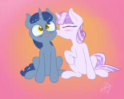 Size: 750x600 | Tagged: safe, artist:malwinters, night light, twilight velvet, g4, blushing, colt, female, filly, kissing, male, newbie artist training grounds, ship:nightvelvet, shipping, sitting, straight, surprise kiss, surprised, younger