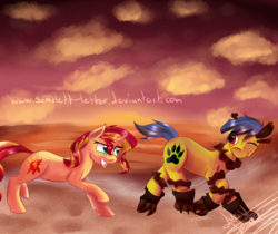 Size: 1032x867 | Tagged: safe, artist:scarlett-letter, sunset shimmer, oc, pony, unicorn, g4, beach, chase, commission, duo, looking back, running, sunset, wink