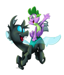 Size: 1406x1645 | Tagged: safe, artist:luximus17, spike, thorax, changeling, g4, the times they are a changeling, cute, dragons riding changelings, duo, duo male, fangs, happy, male, open mouth, riding, smiling, spikabetes, spike riding thorax, spread wings, thorabetes, tongue out, wings