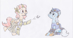 Size: 3036x1569 | Tagged: safe, artist:egg_roll, ashe, horseshoes, league of legends, leona, ponified, traditional art