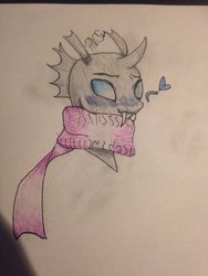 Size: 1024x1365 | Tagged: safe, artist:pikanoobcuzswag, thorax, changeling, g4, the times they are a changeling, clothes, cute, heart, male, scarf, solo, traditional art