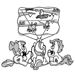 Size: 4000x4000 | Tagged: safe, artist:billneigh, apple bloom, scootaloo, sweetie belle, g4, black and white, cutie mark, cutie mark crusaders, grayscale, magic, mario kart, monochrome, playing, projection, spell, the cmc's cutie marks, video game