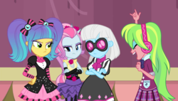 Size: 1488x844 | Tagged: safe, artist:luckreza8, artist:themexicanpunisher, edit, edited screencap, screencap, lemon zest, photo finish, pixel pizazz, violet blurr, equestria girls, g4, my little pony equestria girls: rainbow rocks, clothes, crossed arms, cute, eyes closed, headphones, listening, music, open mouth, pleated skirt, skirt, sunglasses, the snapshots