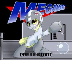 Size: 900x750 | Tagged: safe, artist:klemm, derpy hooves, pegasus, pony, g4, crossover, female, mare, mega man (series), megamare, newbie artist training grounds, solo