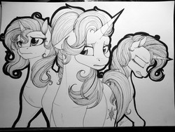 Size: 1632x1224 | Tagged: safe, artist:lupiarts, starlight glimmer, sunset shimmer, trixie, pony, unicorn, g4, eyes closed, female, floppy ears, grayscale, hoers, lidded eyes, magical trio, mare, monochrome, sad, sketch, traditional art, twilight's counterparts